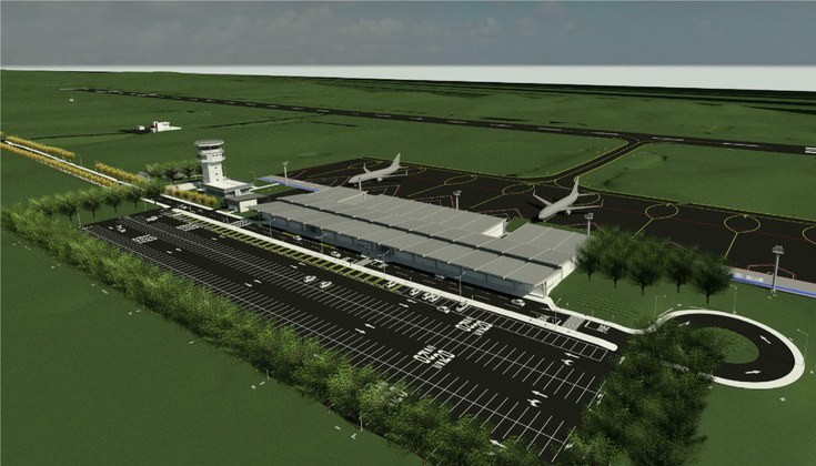 Design of the Serra Gaúcha Regional Airport in Vila Oliva: runway, terminal, tower and apron with aircraft
