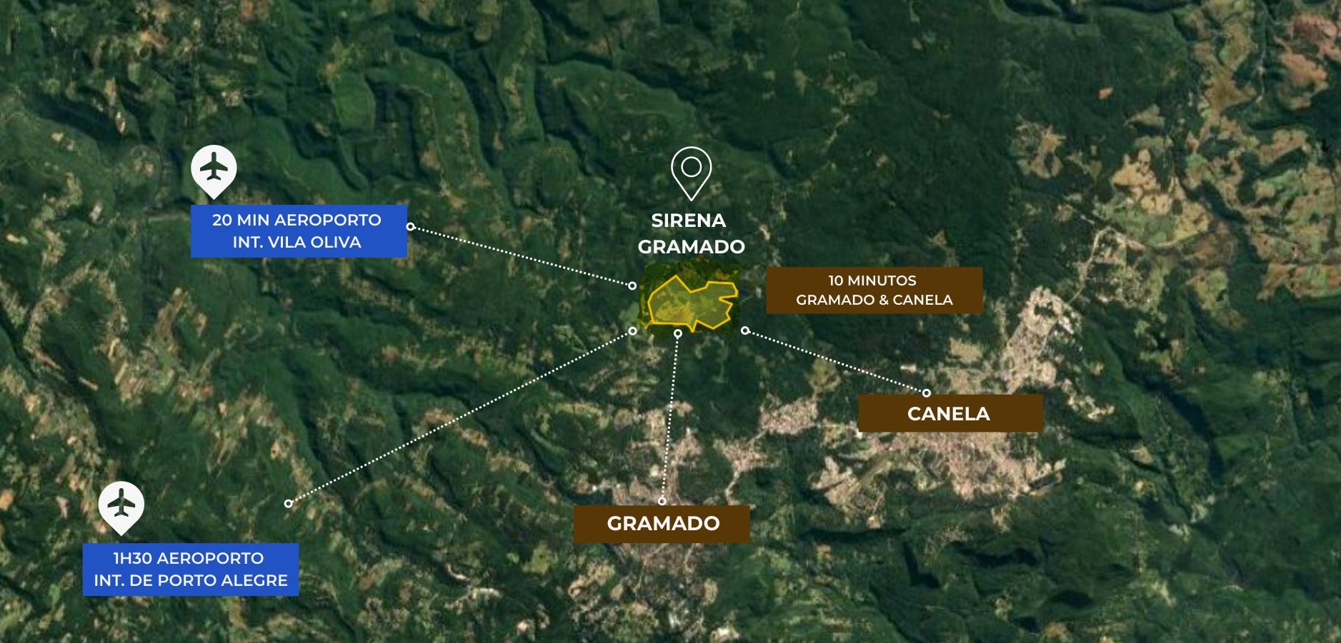 Satellite map: Sirena Gramado 10 minutes from Gramado and Canela, 20 minutes from Vila Oliva airport and 1h30 from Porto Alegre